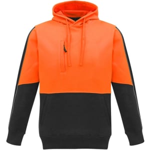 A unisex hi-vis pullover hoodie in bright orange and black, featuring a logo on the front.