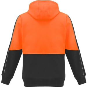 A unisex hi-vis pullover hoodie in orange and black with a hood and reflective detailing. It features a logo on the front.