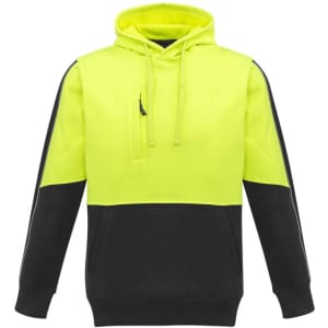 A unisex high visibility pullover hoodie in fluorescent yellow and black, featuring a logo.