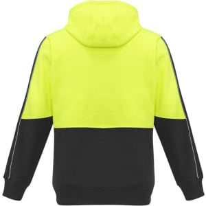 A unisex hi-vis pullover hoodie featuring a bright yellow upper and black lower section, with a hood and logo.