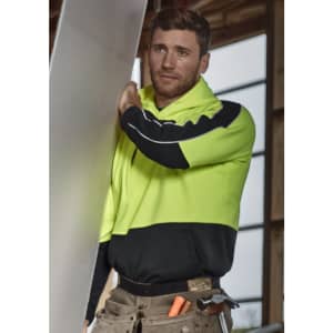 A unisex hi-vis pullover hoodie in vibrant yellow and black, featuring a logo, worn by a worker.