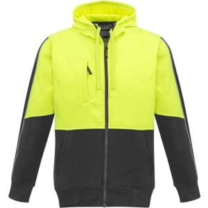 A unisex hi-vis full zip hoodie in bright yellow and dark grey, featuring a logo and a zippered pocket.