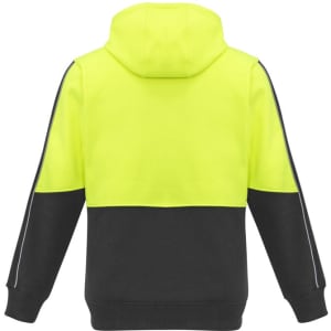 A unisex hi-vis full zip hoodie featuring a neon yellow upper and black lower portion, with a hood and branding.