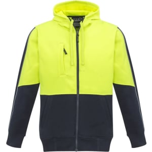 A unisex hi-vis full zip hoodie in bright yellow and navy, featuring a logo and zip pockets.