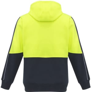 A unisex hi-vis full zip hoodie featuring a bright yellow upper section and navy lower section, with a logo on the back.