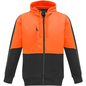 A unisex hi-vis full zip hoodie featuring a bright orange upper and black lower, complete with a logo on the chest.