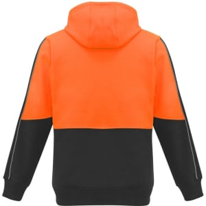 A unisex hi-vis full zip hoodie in orange and black, featuring a hood and a logo.