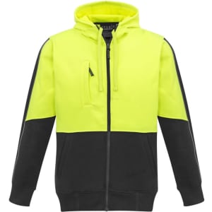 A unisex hi-vis full zip hoodie in bright yellow and black, featuring a front zip and a logo.