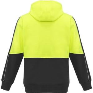 A unisex hi-vis full zip hoodie in bright yellow and black, featuring a hood and a logo.