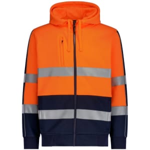 A unisex hi-vis full zip hoodie in bright orange and navy, featuring reflective tape stripes and a hood.