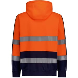 A unisex hi-vis full zip hoodie in bright orange and navy, featuring reflective tape stripes and a hood.