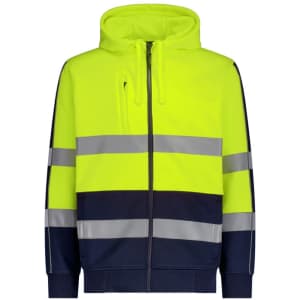 A unisex high visibility full zip hoodie in bright yellow with navy accents and reflective stripes. Features a hood and a logo.
