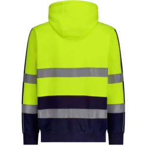 A unisex hi-vis full zip hoodie in bright yellow with dark navy and reflective tape stripes on the back.