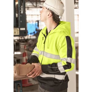 A unisex hi-vis full zip hoodie in bright yellow with black accents and reflective tape. Suitable for work environments.