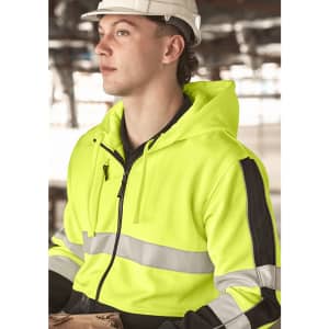 A unisex hi-vis full zip hoodie in bright yellow with reflective stripes, featuring a black accent and a hood.