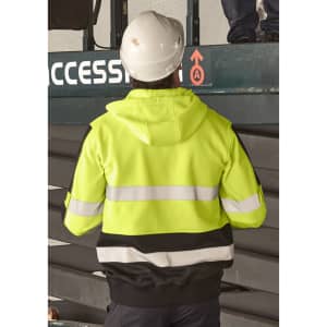 A high visibility full zip hoodie in bright yellow and black, featuring reflective tape and a hood, with a person wearing a hard hat.