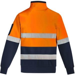 A unisex hi-vis pullover in orange and navy, featuring hoop tape for visibility and a branding logo on the sleeve.