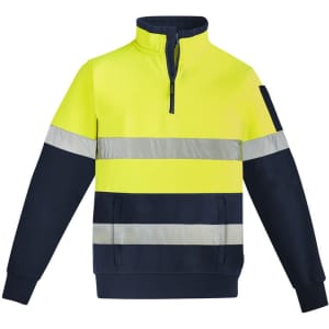 A unisex high visibility 1/4 zip pullover in fluorescent yellow and navy, featuring reflective hoop taping and a logo.