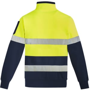 A unisex hi-vis pullover featuring a bright yellow upper and navy bottom with reflective hoop tape stripes.