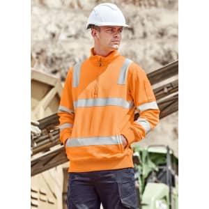 Unisex hi-vis orange pullover with reflective stripes, featuring a 1/4 zip and a logo on the sleeve.