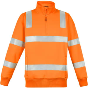 A bright orange unisex pullover featuring reflective stripes and a 1/4 zip, ideal for workwear applications.