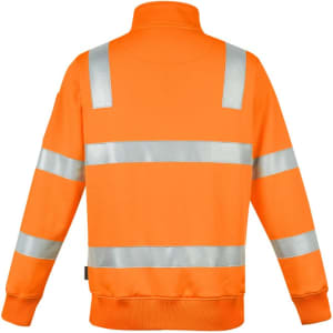 A unisex high-visibility pullover in bright orange with reflective stripes. Features a collar and long sleeves.