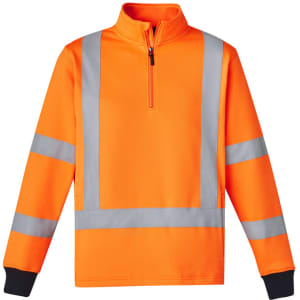 A unisex hi-vis orange jumper featuring grey reflective stripes and a zip collar. Includes a logo on the garment.
