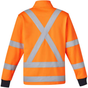 A unisex high-visibility jumper in orange with reflective grey stripes on the back. It features a collar and long sleeves.