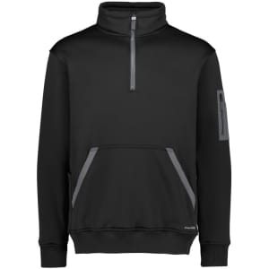 A black unisex pullover with a 1/4 zip, featuring side pockets and a logo on the sleeve.