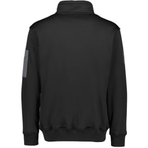 A black unisex 1/4 zip pullover with a high collar and a logo on the sleeve.