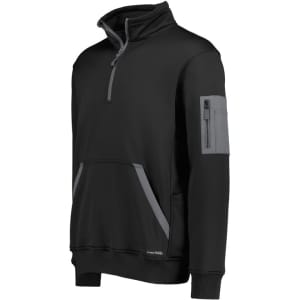 A black unisex pullover with a quarter zip, featuring front pockets and a sleeve pocket, and a logo.