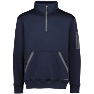 A navy unisex water-resistant 1/4 zip pullover with a front pocket and a logo on the sleeve.