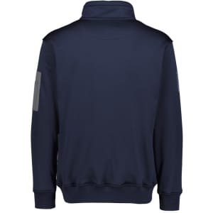 A navy unisex 1/4 zip pullover with a water-resistant fabric and shoulder patch. Features a logo.