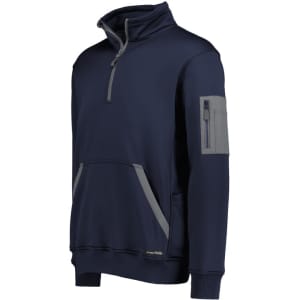 A navy unisex pullover with a quarter zip, featuring a zip pocket on the sleeve and a front kangaroo pocket.