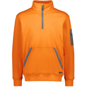 An orange unisex water-resistant pullover with a 1/4 zip and a front pocket, featuring a logo on the sleeve.