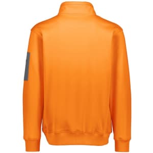 Unisex water-resistant 1/4 zip pullover in bright orange, featuring a grey logo on the sleeve.