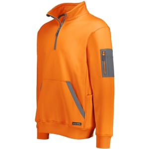 An orange water-resistant pullover with a quarter zip and a grey pocket detail, featuring a logo.