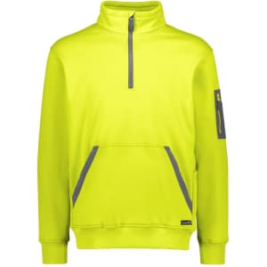 A bright yellow unisex pullover featuring a 1/4 zip and front pockets, with a small logo on the sleeve.