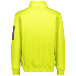 A bright yellow unisex water-resistant 1/4 zip pullover with a logo on the sleeve.