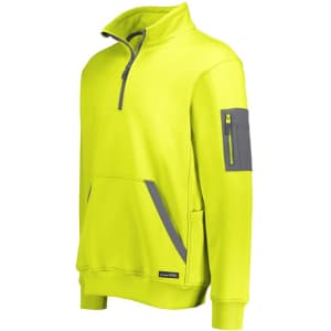 A bright yellow unisex water-resistant 1/4 zip pullover featuring grey accents and a pocket on the sleeve.