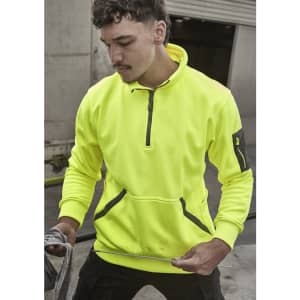 A bright yellow unisex water-resistant 1/4 zip pullover with a front pocket and branding.