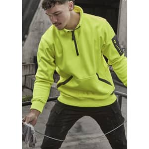 A bright yellow unisex pullover with a quarter zip, featuring a logo on the arm and a front pocket.