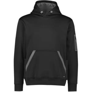 A black unisex water-resistant hoodie featuring a front pocket and an arm logo. Ideal for workwear.
