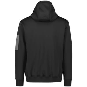 A black unisex water-resistant hoodie featuring a hood and a sleeve logo. The back view showcases a sleek design.
