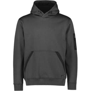 A grey unisex water-resistant hoodie featuring a front pocket and a logo on the sleeve.
