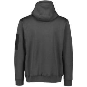 A unisex water-resistant hoodie in dark grey with a hood and an arm patch. It features a simple, minimalist design.