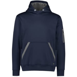 A navy water-resistant hoodie with a front pocket and a logo on the sleeve. Features grey accents.