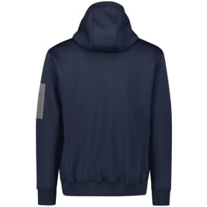 A navy unisex water-resistant hoodie with a hood and a logo on the sleeve.