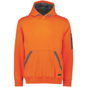 An orange unisex water-resistant hoodie with a grey lined hood and branding on the sleeve.