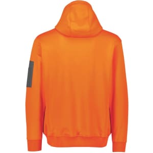 An orange unisex water-resistant hoodie with a hood and a logo on the sleeve.